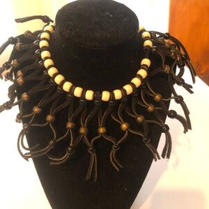 Bohemian style Black and Cream Tassel Necklace- leather and beads make this up